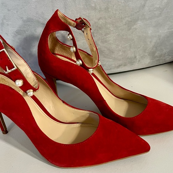 Vince Camuto Jassita Red Suede Jeweled Pearl Ankle Strap Pump - Size 7-1/2 - Picture 4 of 10